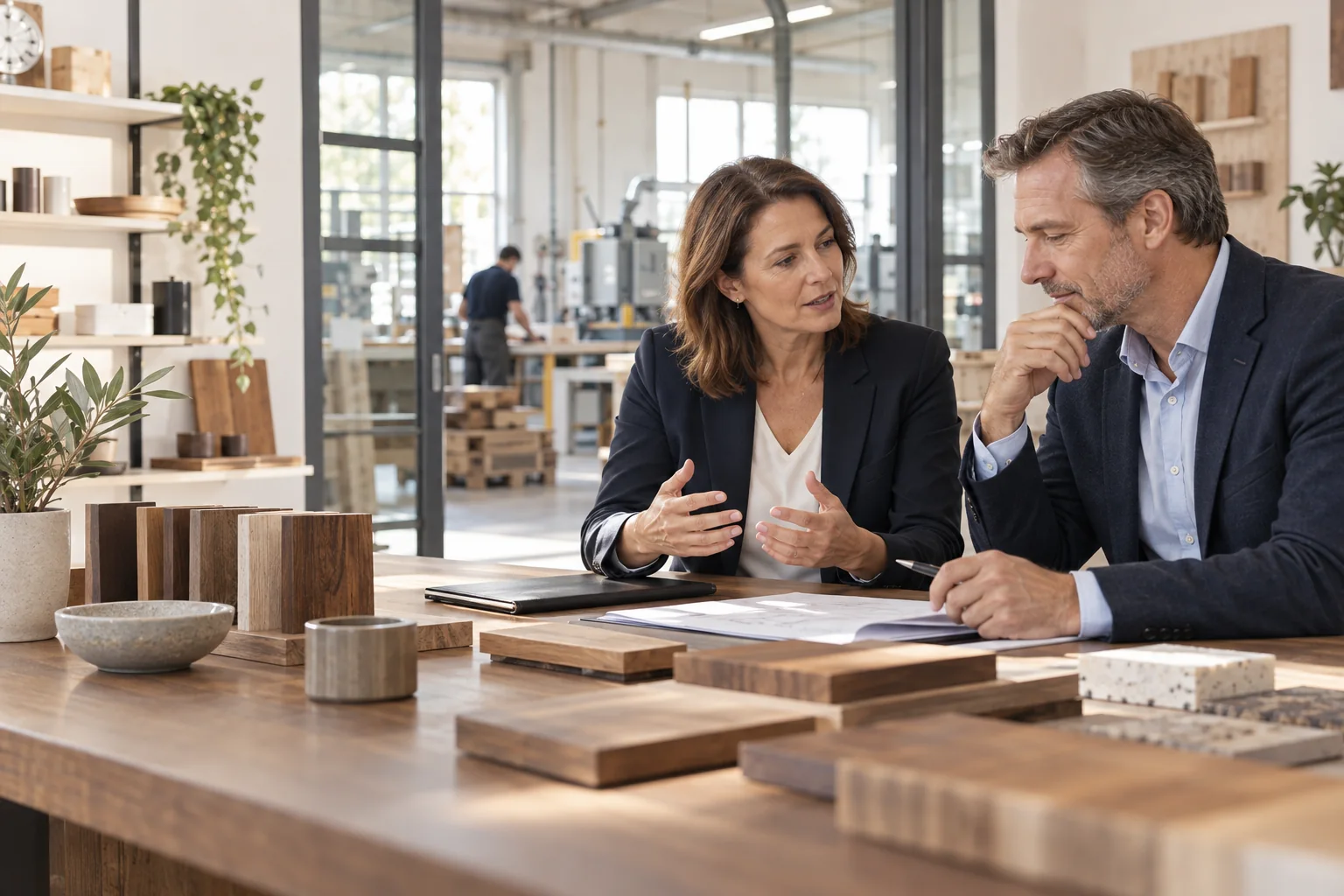 Unternehmer bei einem Preisgespräch mit Materialmustern aus dem Betrieb